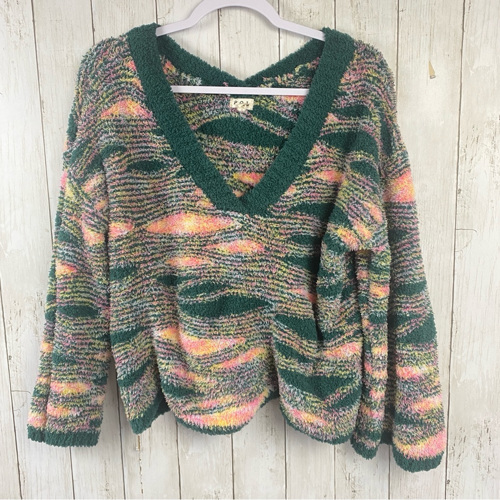 POL Berber Soft Chenille V Neck Sweater Bell Sleeves Green Pink Oversized Small